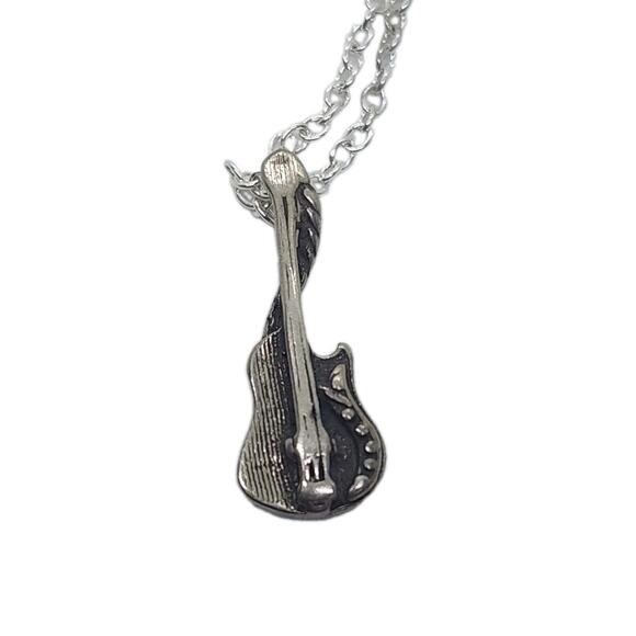 vintage Jewelry - Vintage Sterling Silver 925 Guitar Pendant Charm Necklace Fancy Detail Music